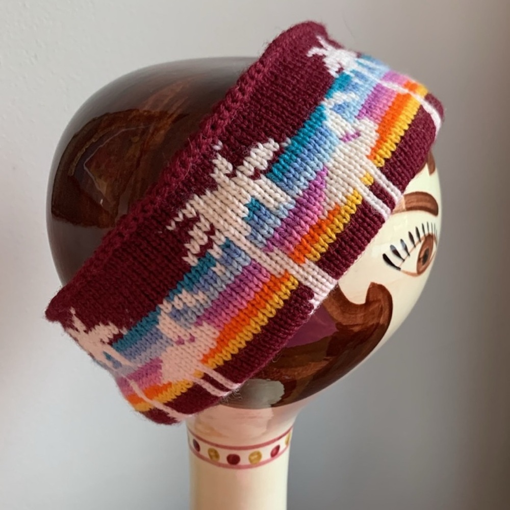 Vintage Ear Warmer Ski Headband rainbow stripe palm trees flamingo